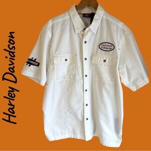 Harley Davidson off-white button down shirt (mechanic style) 3 patches.Large GUC